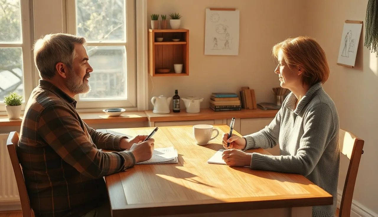 Two parents reviewing a parenting plan document together at a kitchen table
