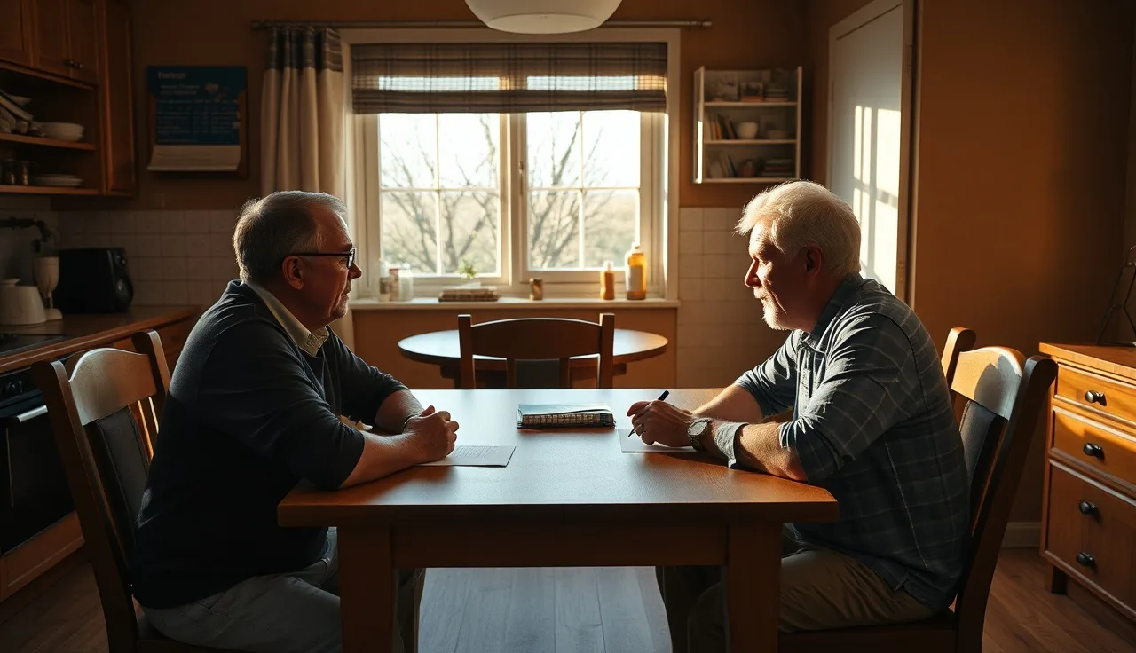 Two parents reviewing a printed custody calendar at a kitchen table
