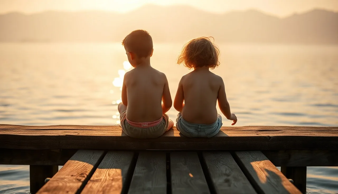 Two children sitting on a dock over a calm lake during summer afternoon