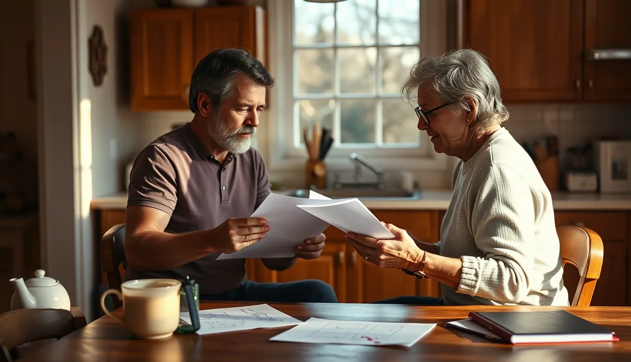 Two parents reviewing a parenting plan visitation schedule together at a kitchen table