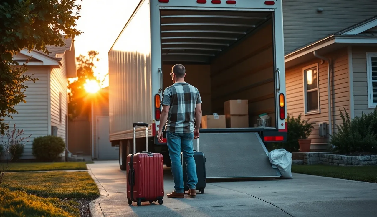 Parent and child beside a moving truck at sunrise with packed boxes on the driveway