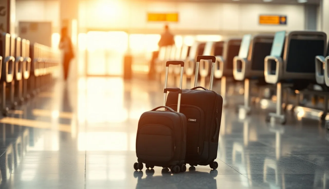 Child's backpack and suitcases at an airport gate suggesting cross-state custody travel