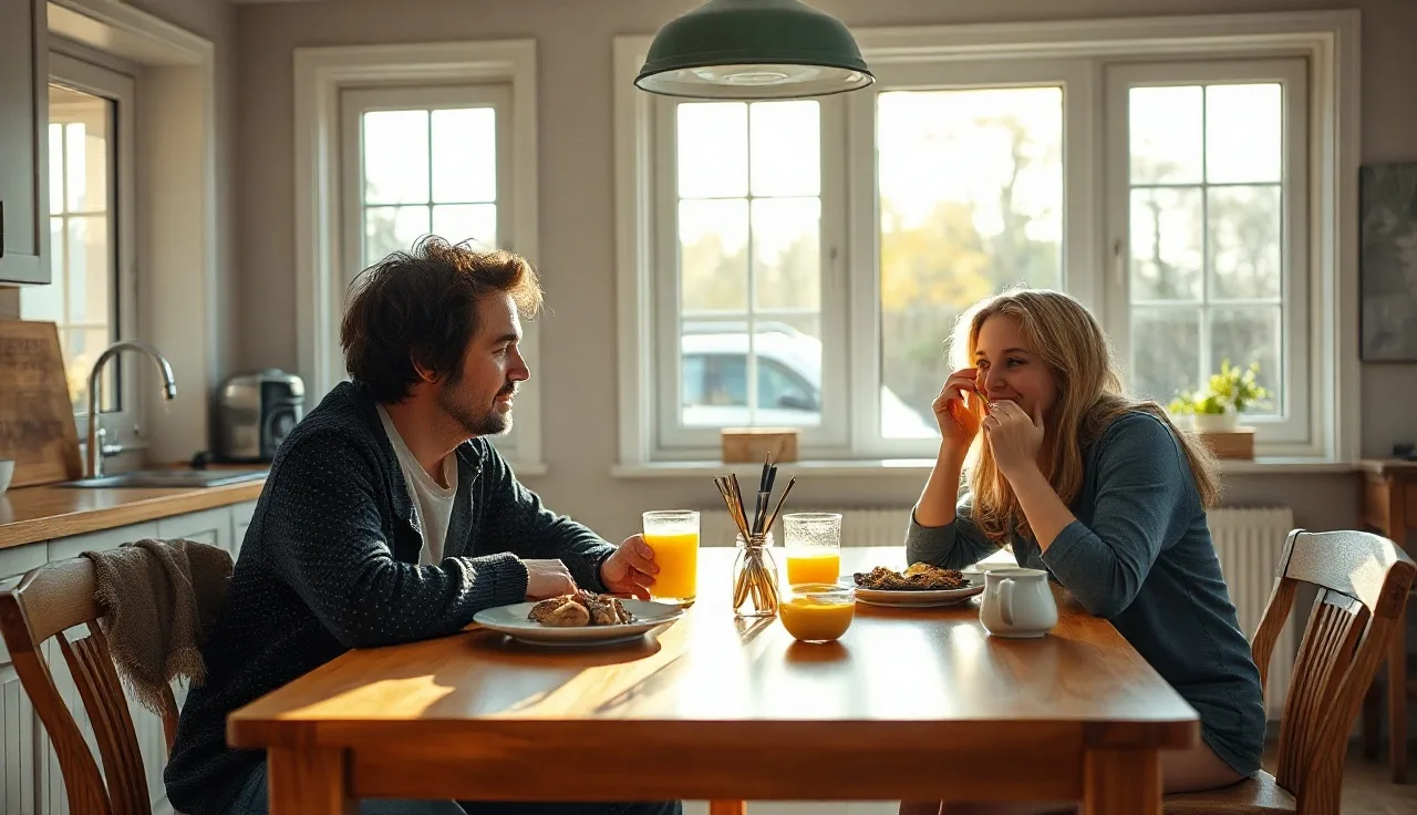 Two parents and a child sharing breakfast at a kitchen table, calm family custody arrangement