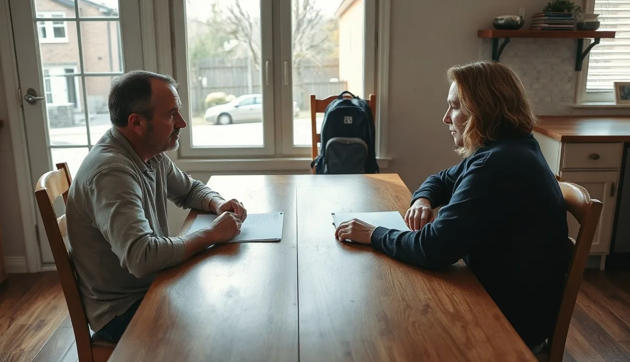 Two parents reviewing a shared custody agreement at a kitchen table
