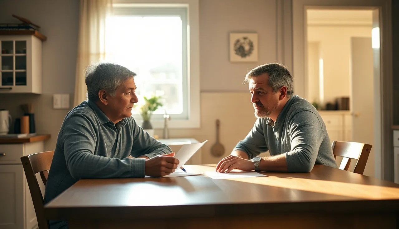 Two parents reviewing a custody agreement at a kitchen table in morning light