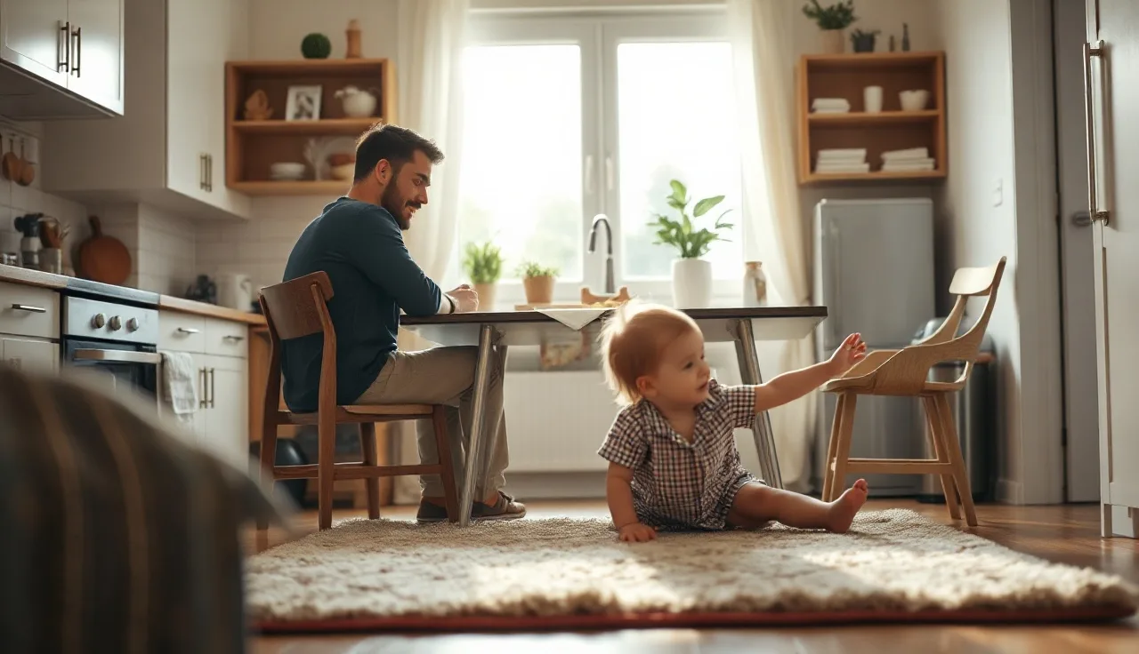 Two parents at a kitchen table discussing a custody arrangement while child plays nearby