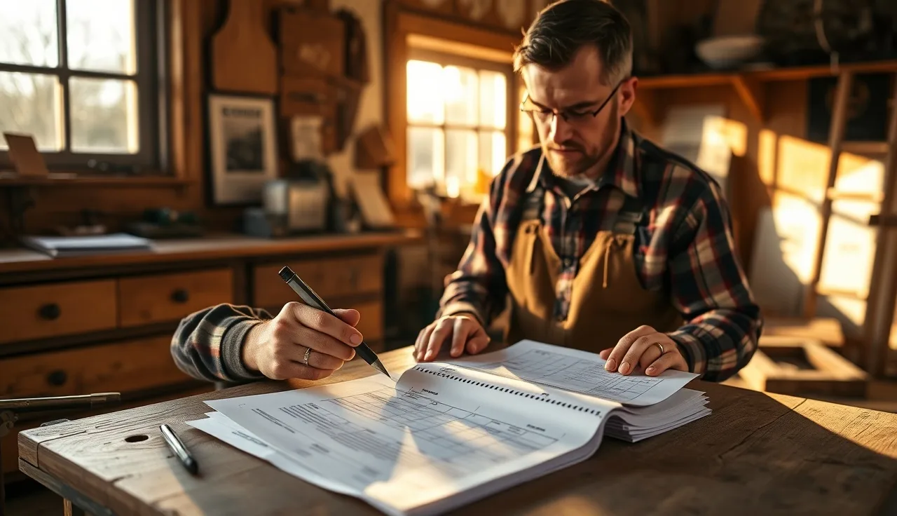 Self-employed parent reviewing income records at a workshop workbench