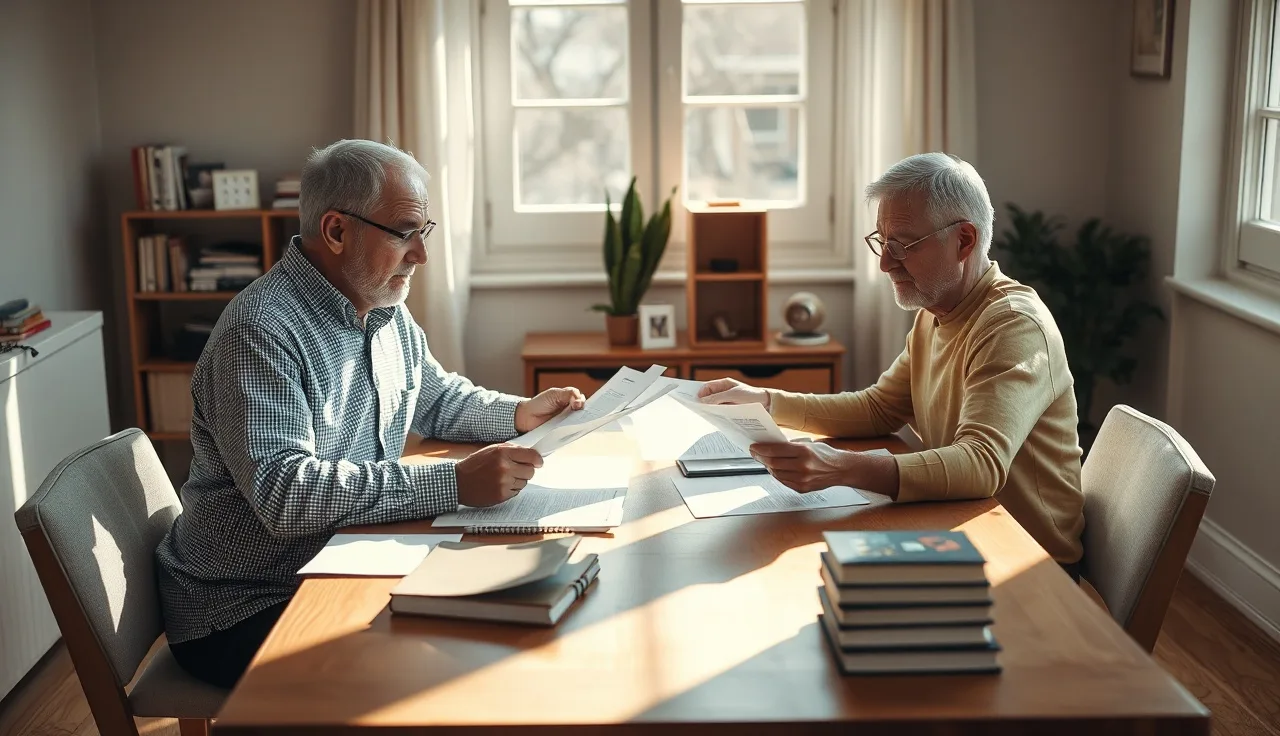 Two parents reviewing divorce agreement documents about college contribution at a wooden table