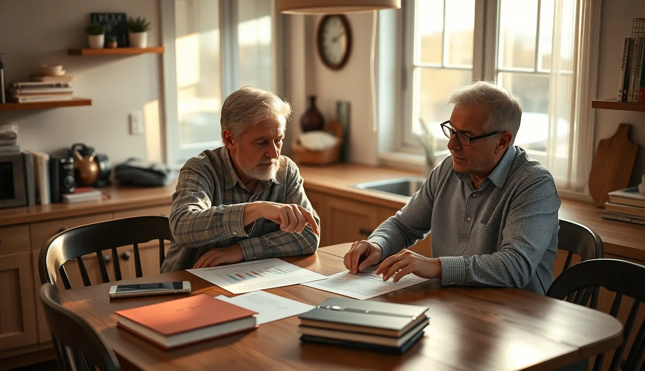 Two divorced parents reviewing IRS tax documents together at a kitchen table