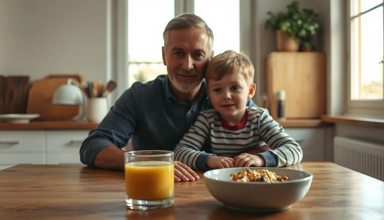 Parent and child at a kitchen table, natural morning light, child support topic