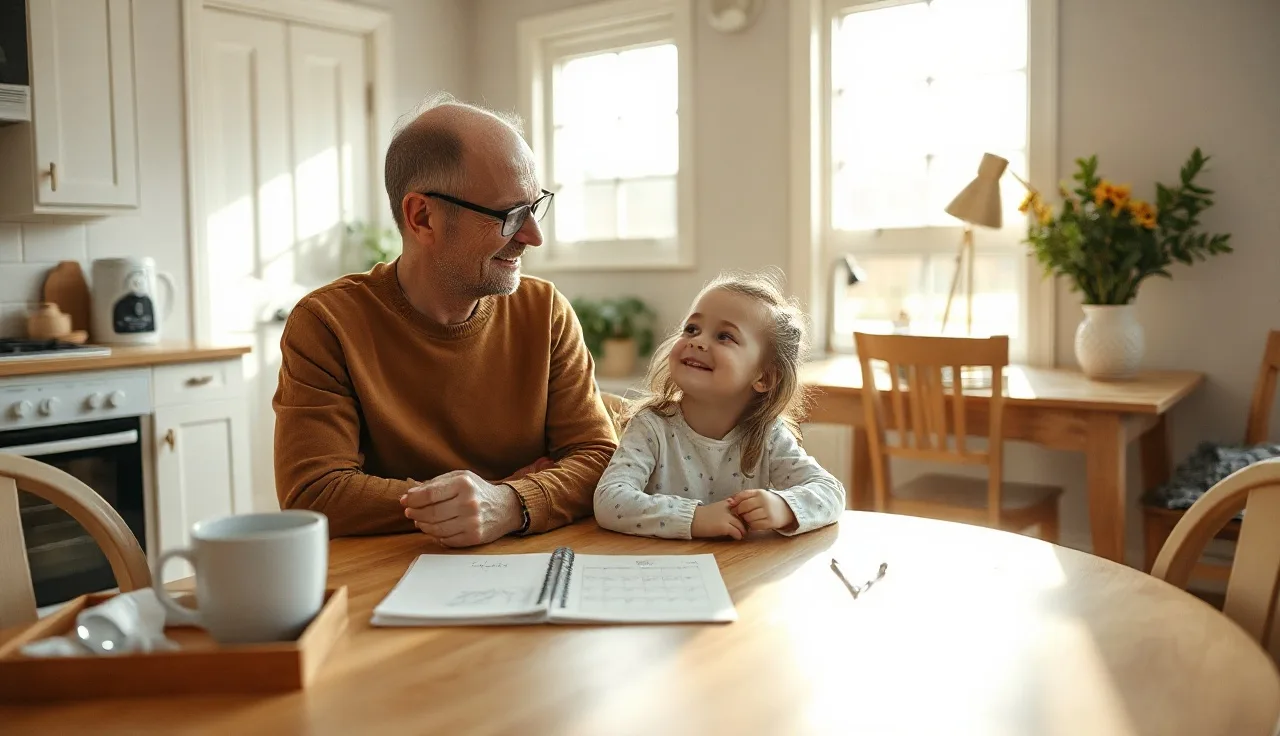 Two parents reviewing a parenting schedule together at a kitchen table