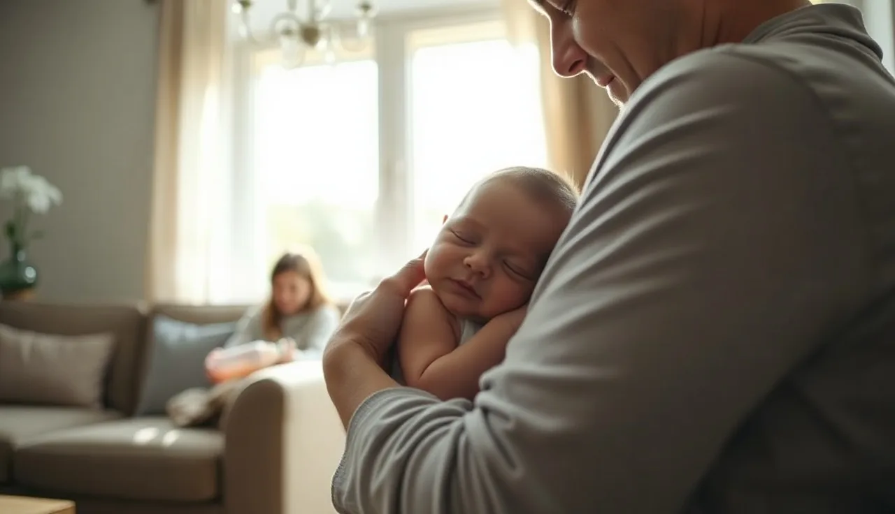 Parent holding sleeping infant while co-parent prepares bottle in morning light