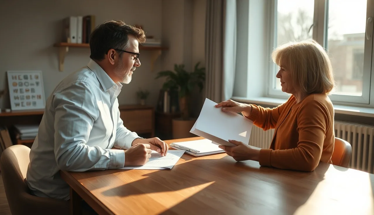 Two parents at a table exchanging paperwork about children's health insurance after divorce