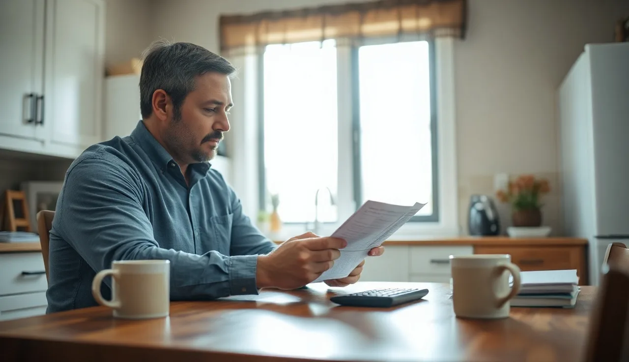 Parent reviewing child support calculation documents at kitchen table in morning light