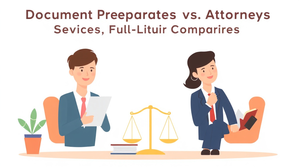 Illustration showing key concepts related to document preparation services vs attorneys: full comparison