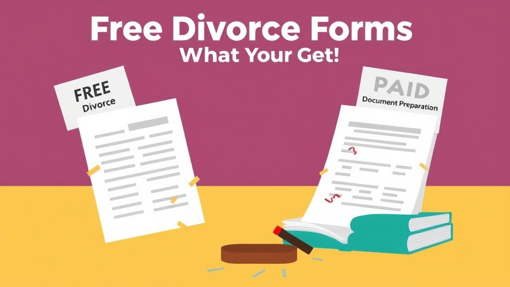 Illustration showing key concepts related to free divorce forms vs. paid document preparation: what you get