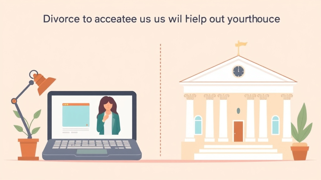 Illustration showing key concepts related to online divorce service vs. filing at the courthouse yourself