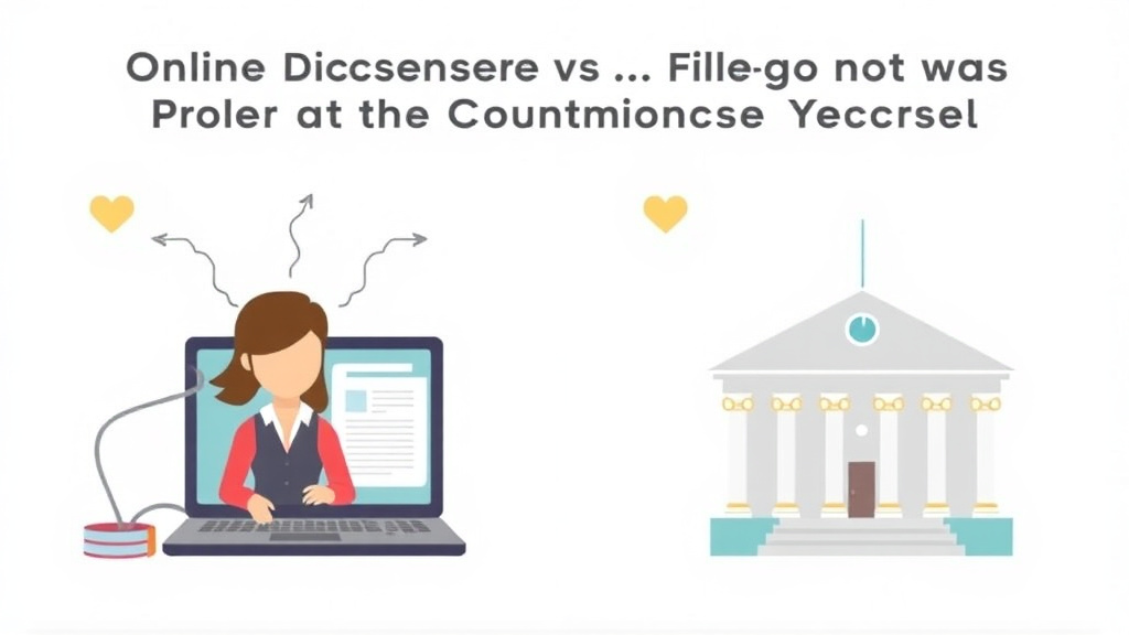 Visual guide for practical steps in online divorce service vs. filing at the courthouse yourself