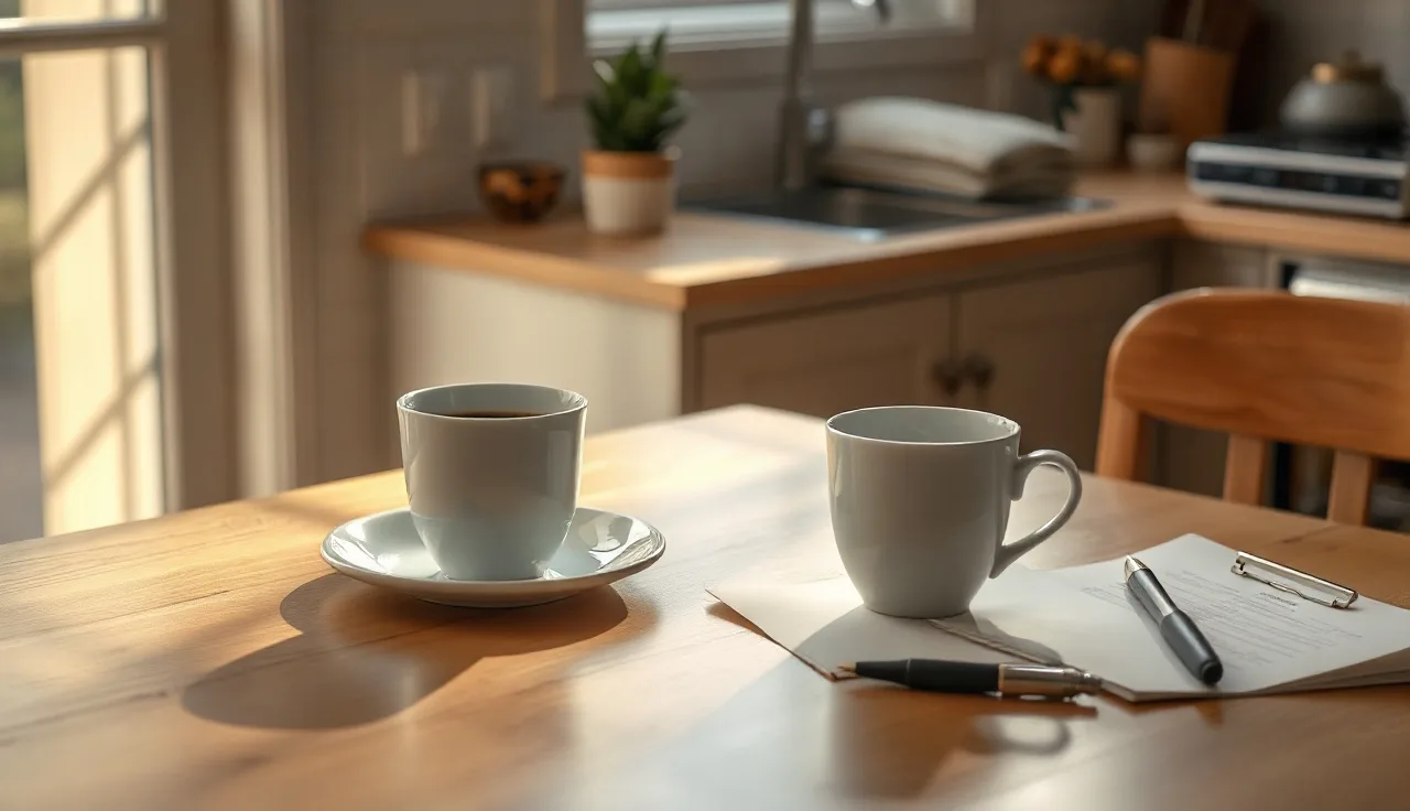 Two coffee cups and an empty folder on a kitchen table in soft morning light