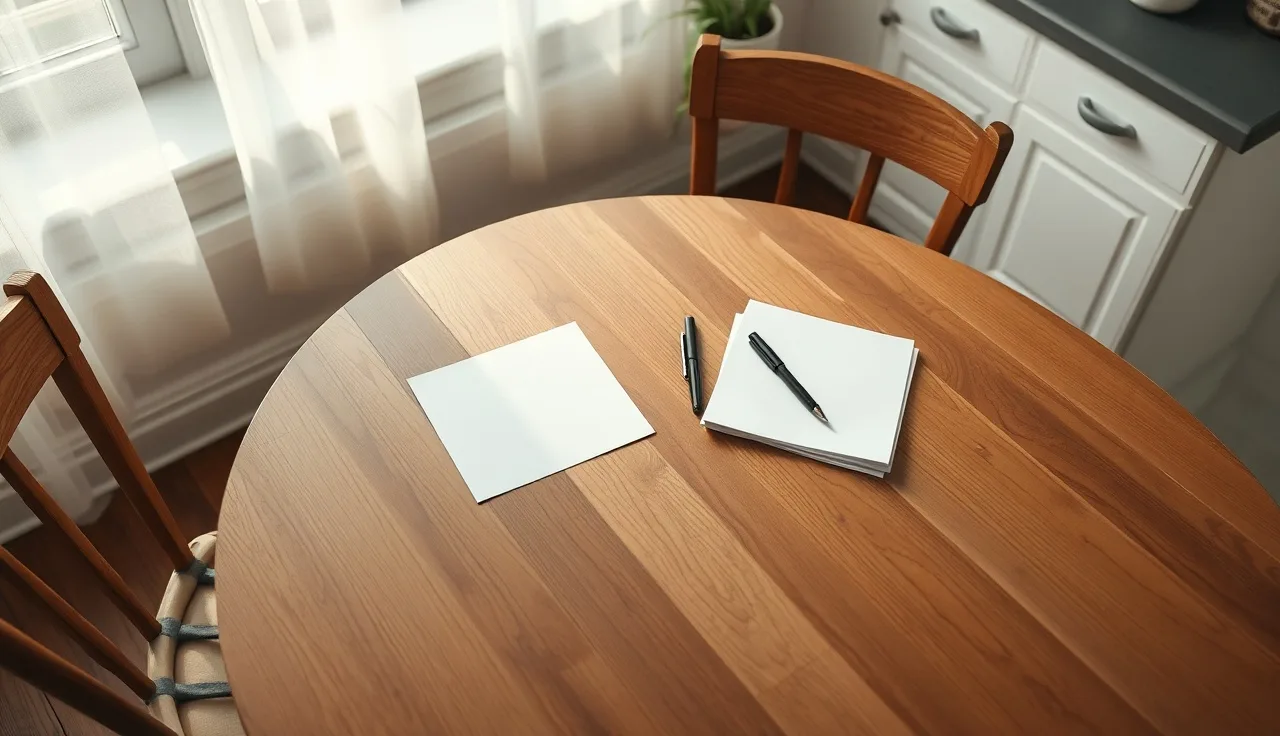 Empty kitchen table with papers and two pens suggesting an uncontested divorce filing