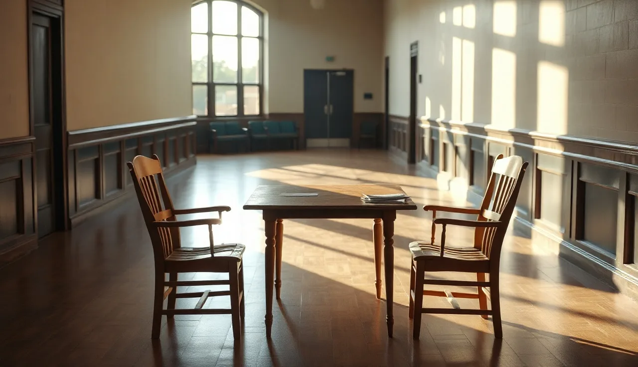 Two empty wooden chairs facing each other in a quiet courthouse hallway during divorce proceedings