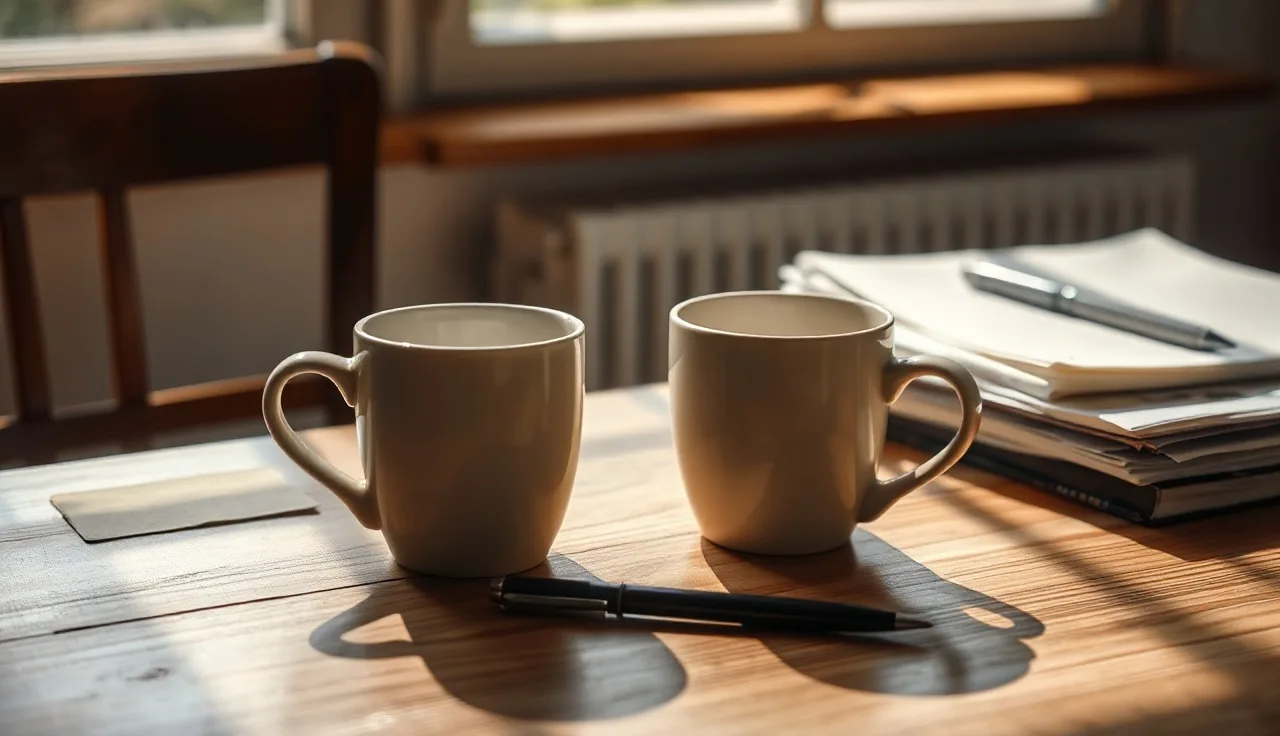 Empty coffee cups and a pen on a kitchen table suggesting divorce paperwork preparation