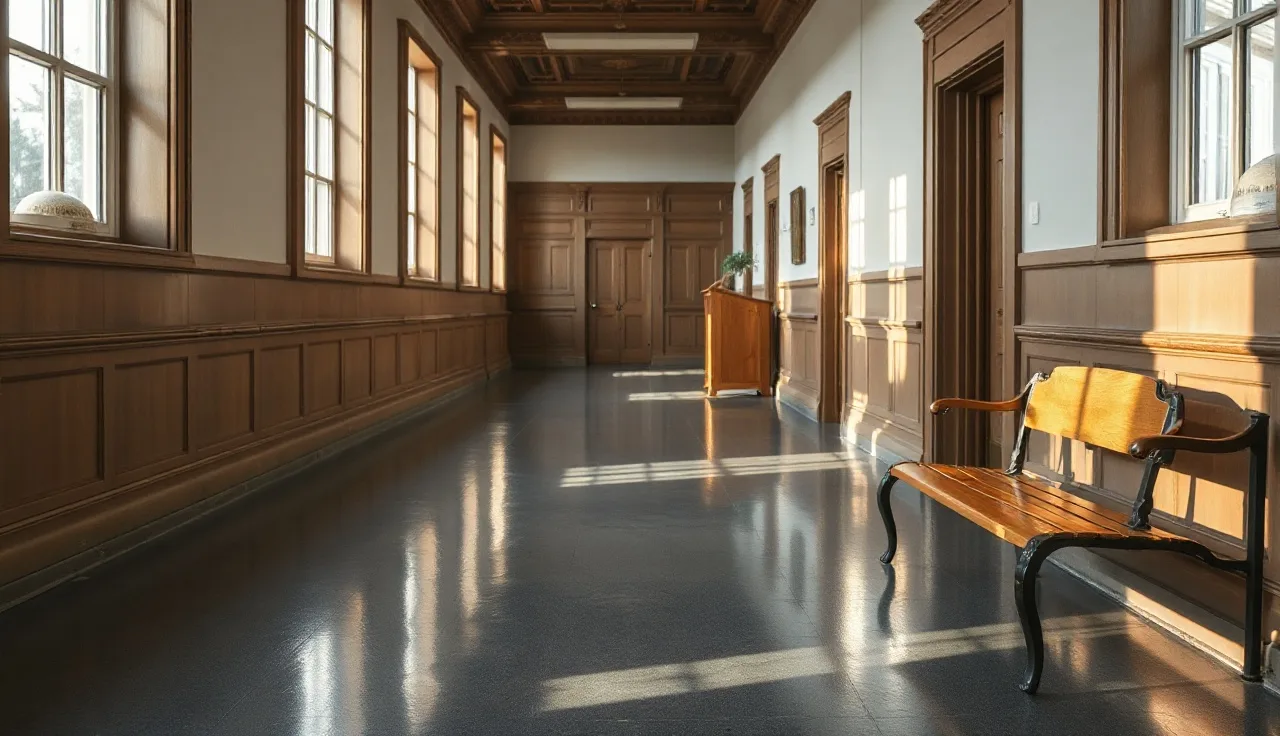 Empty courthouse hallway bench with morning light, Oregon divorce filing setting