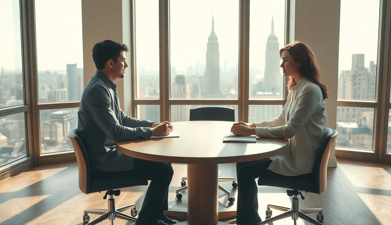 Two spouses and a mediator seated at a table during a divorce mediation session in NYC
