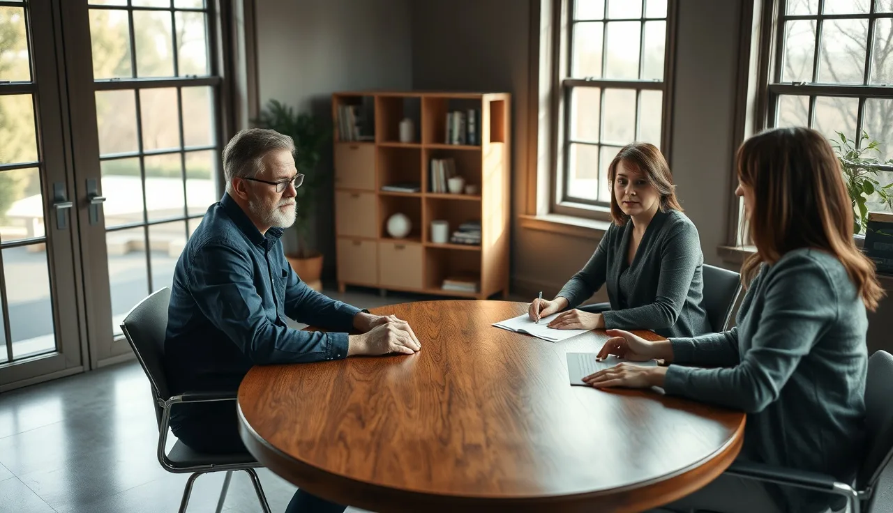 Two spouses and a mediator seated at a table during a divorce mediation session