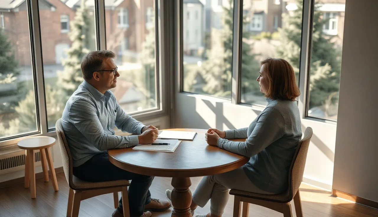 Two people sitting at a wooden table during a divorce mediation session