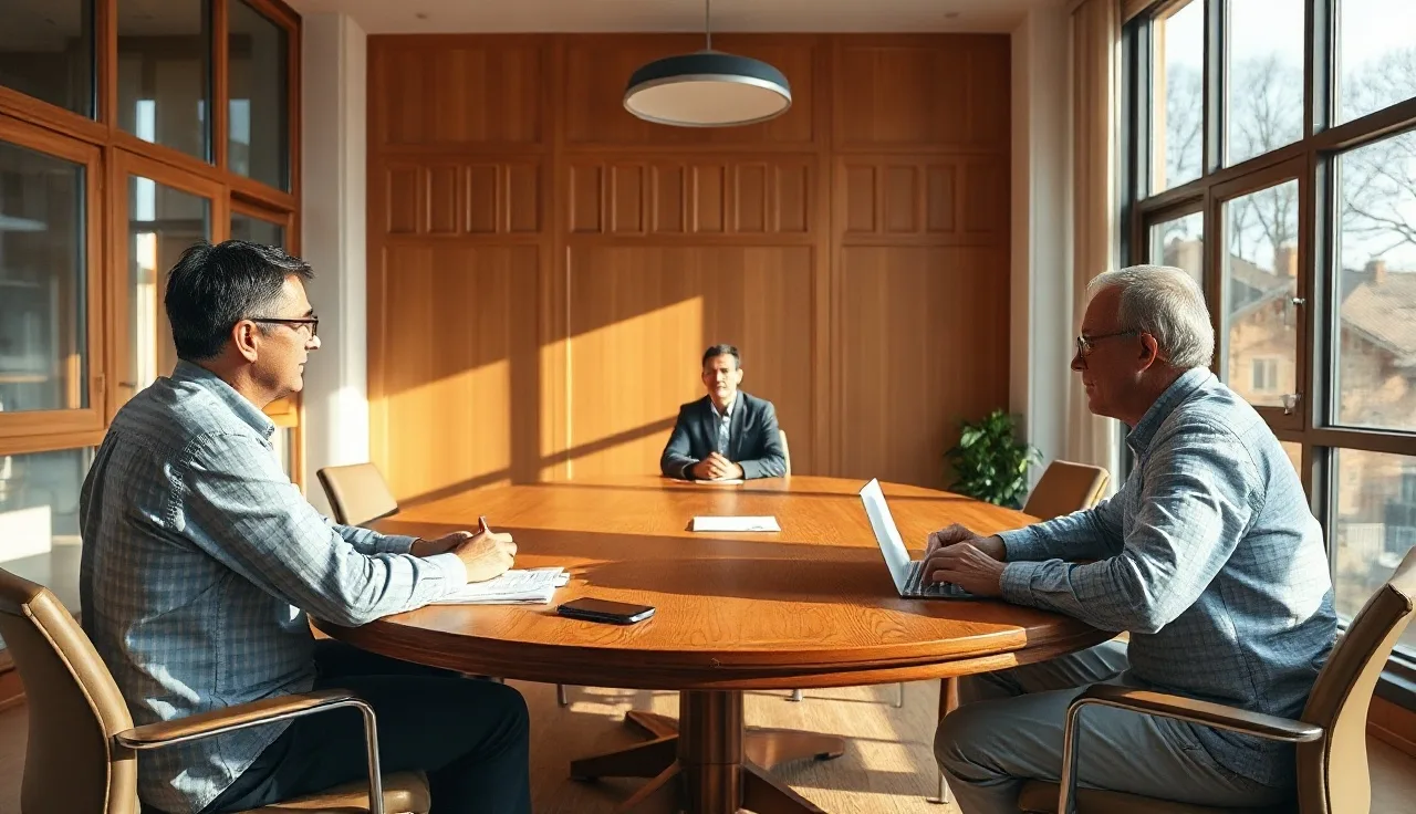 Two spouses and a mediator seated at a round table during divorce mediation