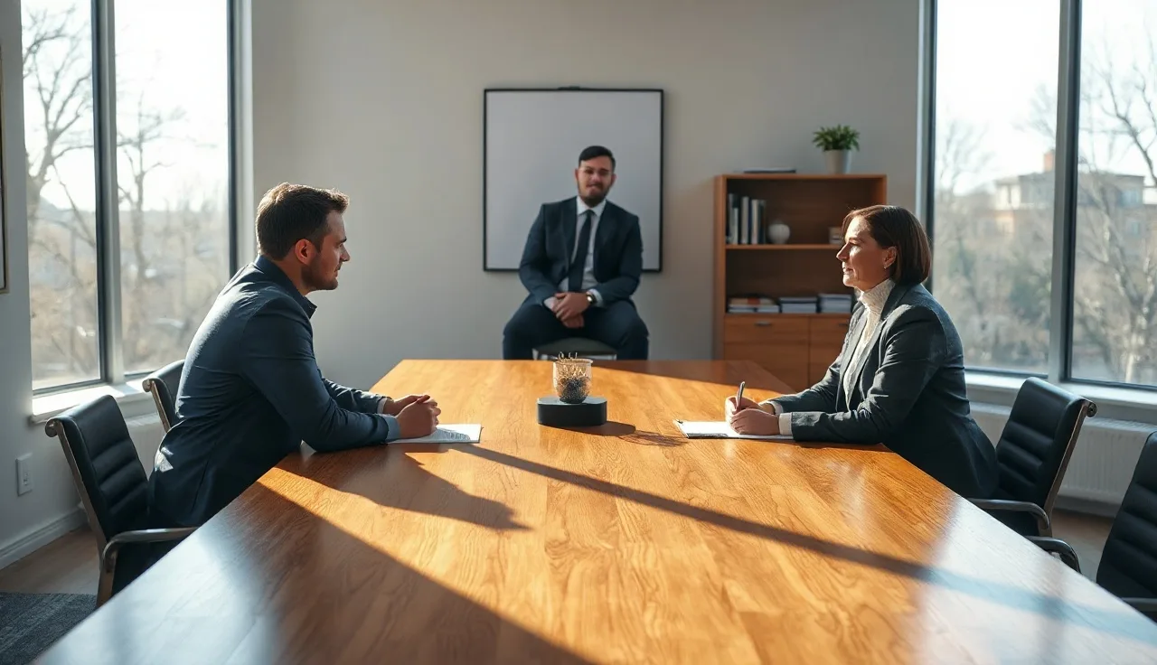 Two spouses and a neutral mediator seated at a conference table during a Long Island divorce mediation session