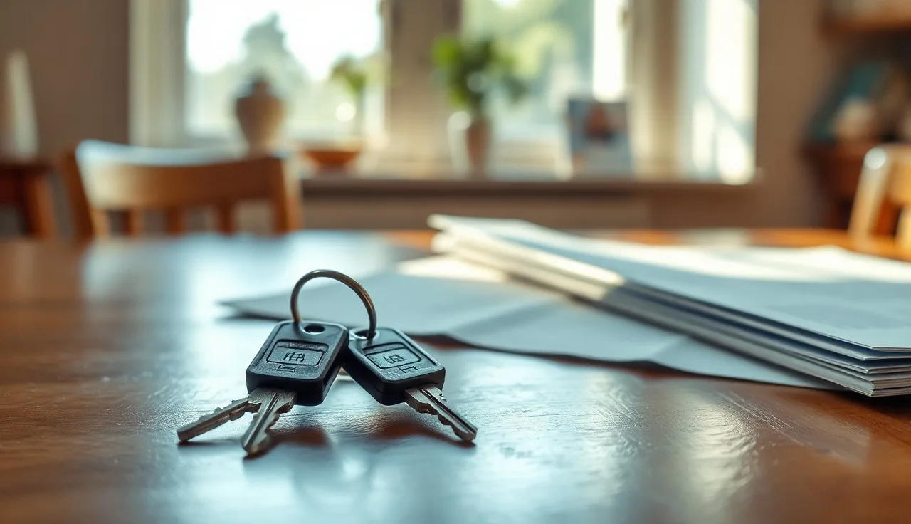 House keys and folded document on wooden table representing divorce costs