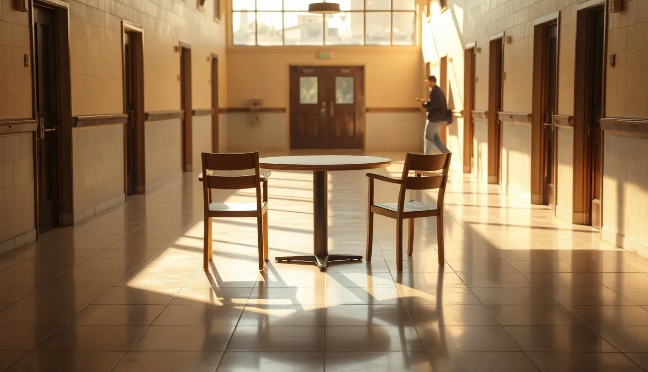 Empty chairs in a sunlit Arizona courthouse hallway, suggesting divorce proceedings