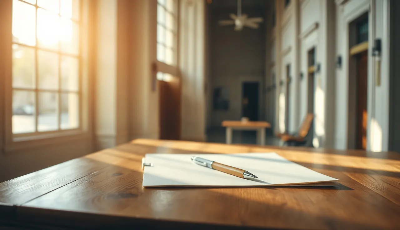 Sunlit courthouse hallway table with manila folder and pen, Georgia divorce filing
