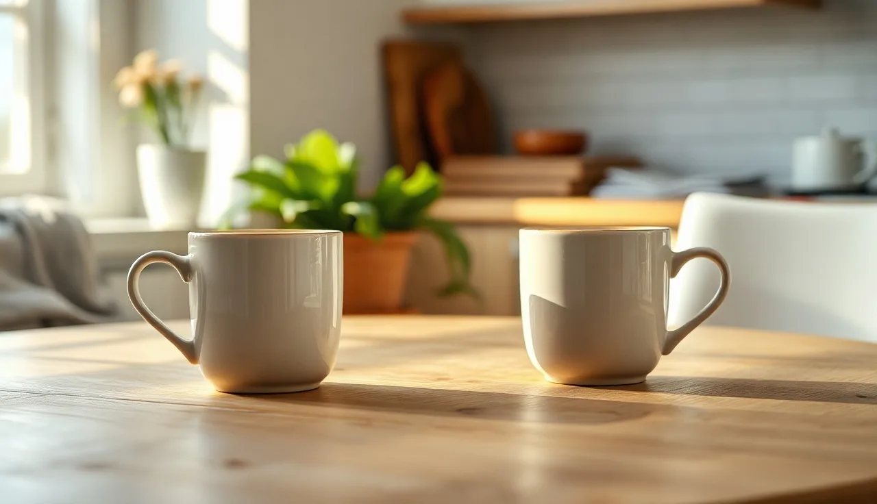 Two separate coffee mugs on a wooden table, suggesting the cost of divorce in Indiana
