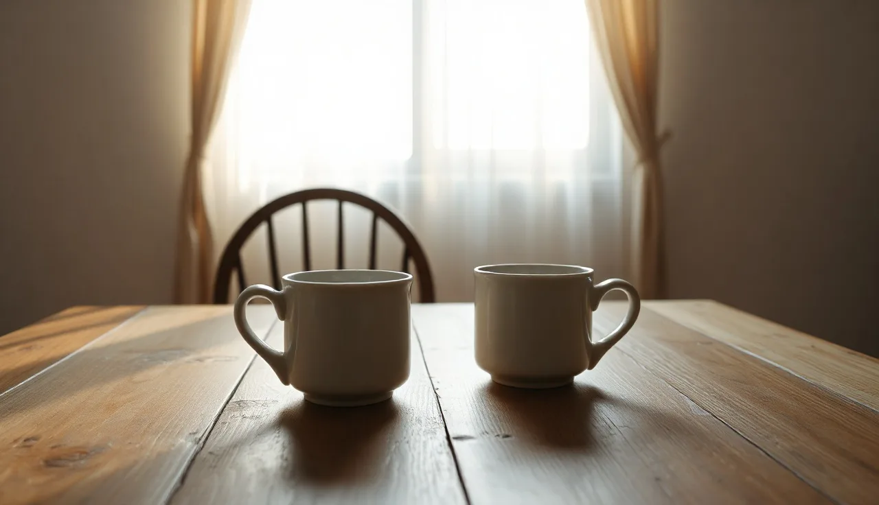 Two coffee mugs on a wooden table in an empty morning kitchen, evoking divorce cost discussion
