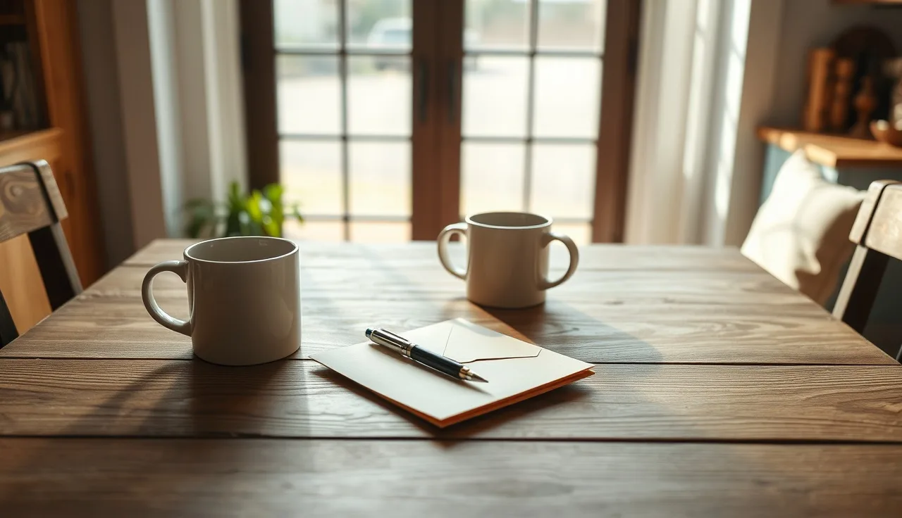 Two coffee mugs and a pen on a kitchen table during a Louisiana divorce process