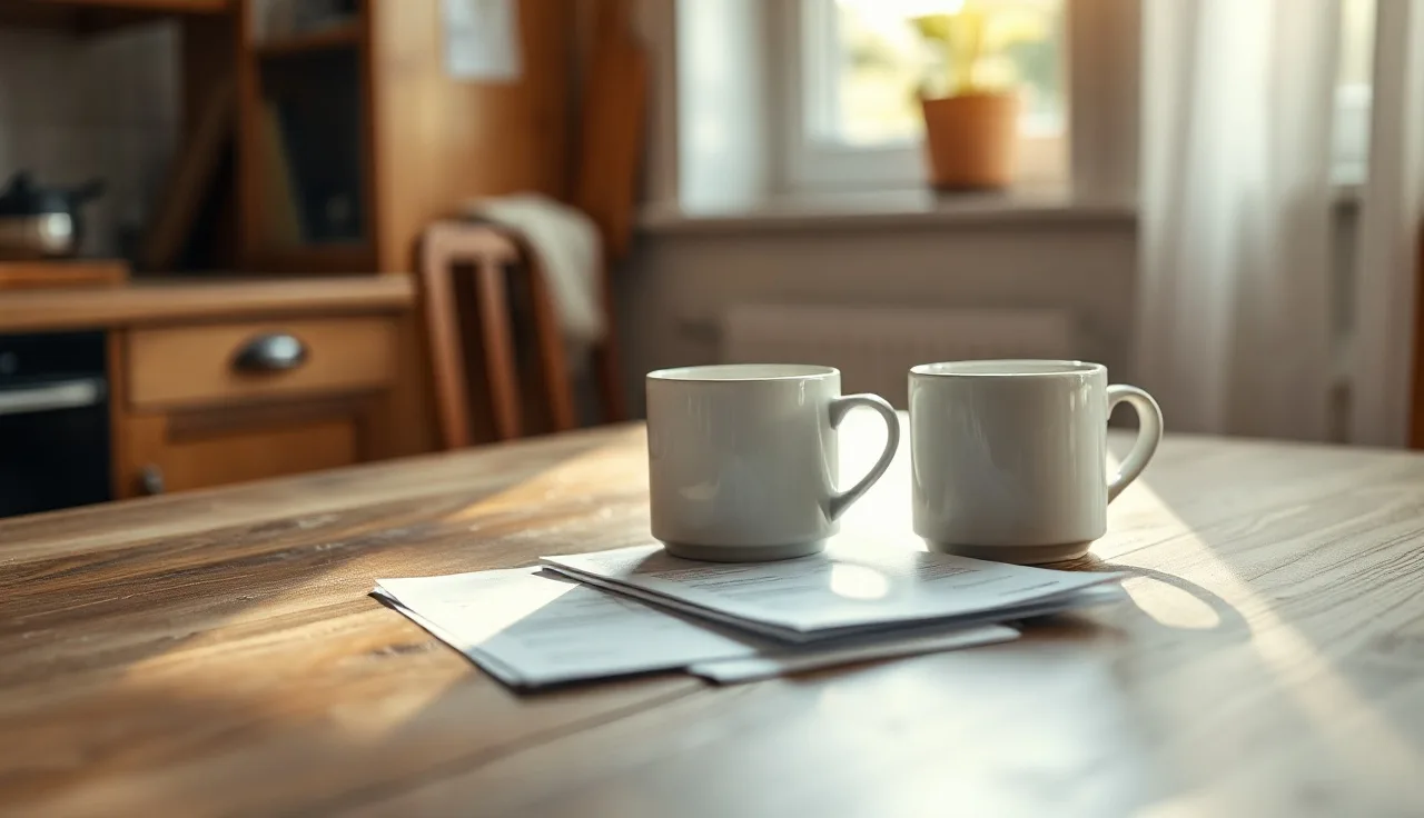 Two coffee mugs separated on a kitchen table with financial papers between them