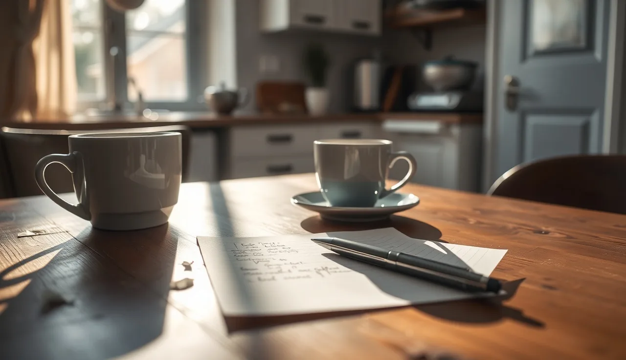 Two coffee cups on a kitchen table beside handwritten notes about divorce costs