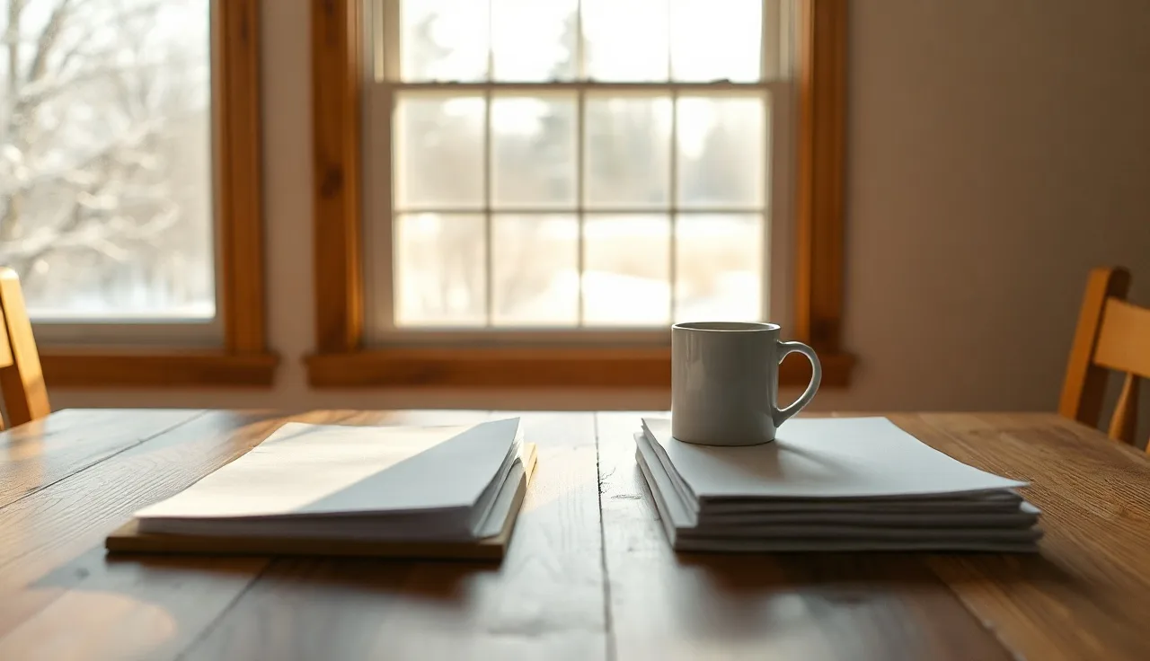 Two separate stacks of papers on a kitchen table suggesting divorce cost decisions