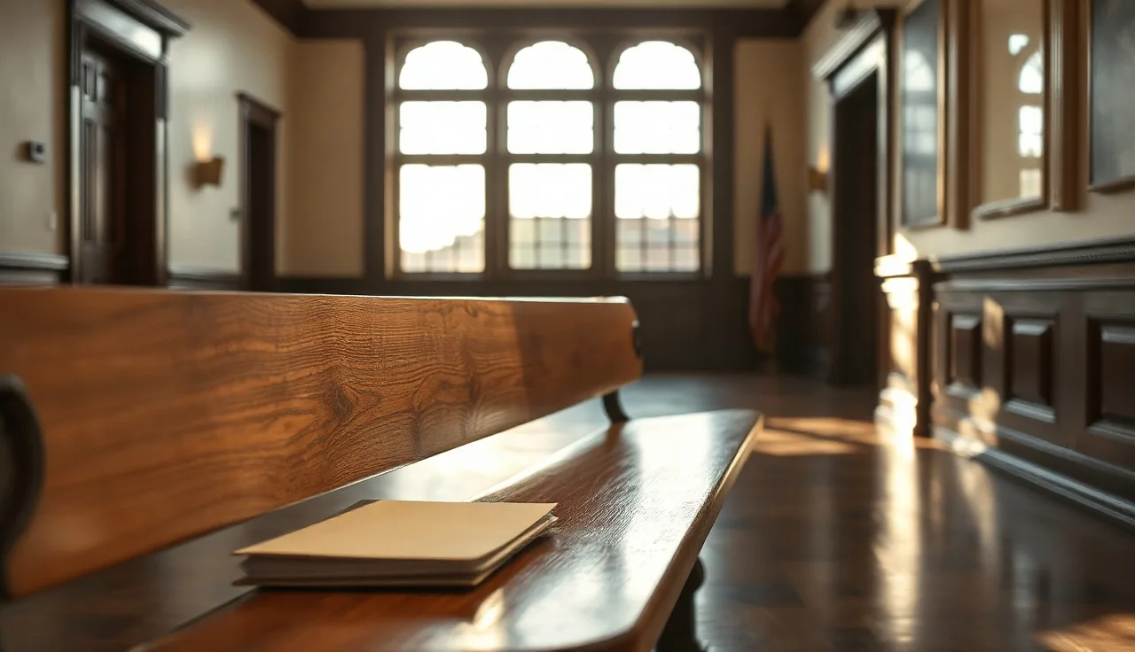 Empty courthouse bench with manila folder and afternoon sunlight in a North Carolina courthouse