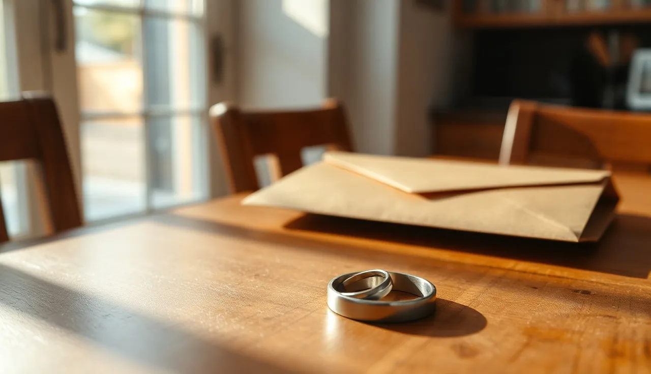 Two wedding rings and a manila envelope on a wooden table, representing divorce paperwork