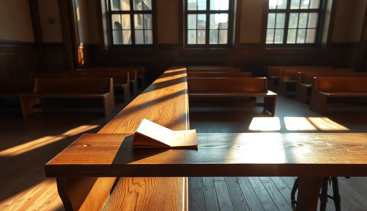 Empty New York courtroom bench with a manila folder and afternoon sunlight