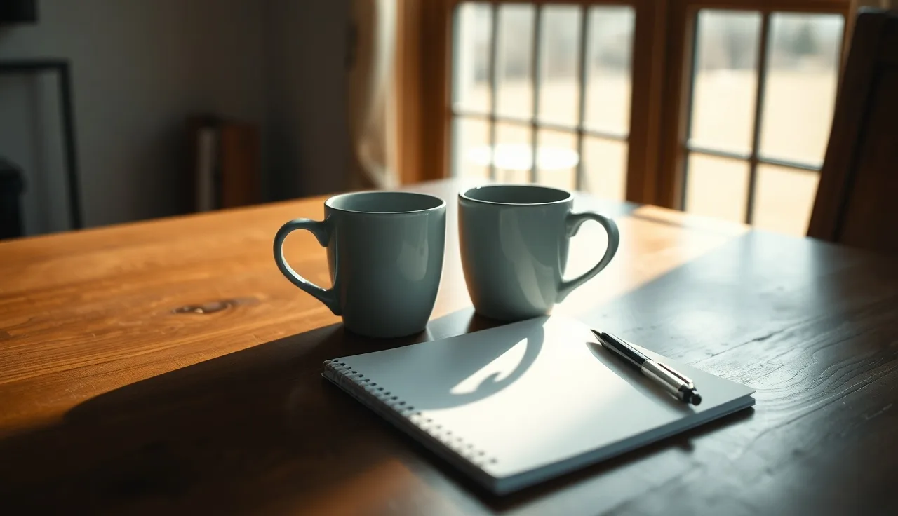 Two coffee mugs and a pen on a kitchen table, representing Ohio divorce paperwork discussions