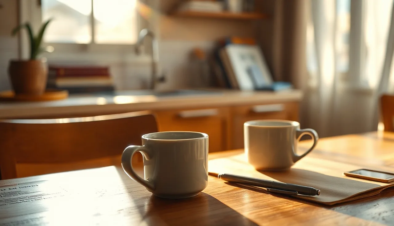 Sunlit kitchen table with two coffee cups and a folder, evoking divorce paperwork process