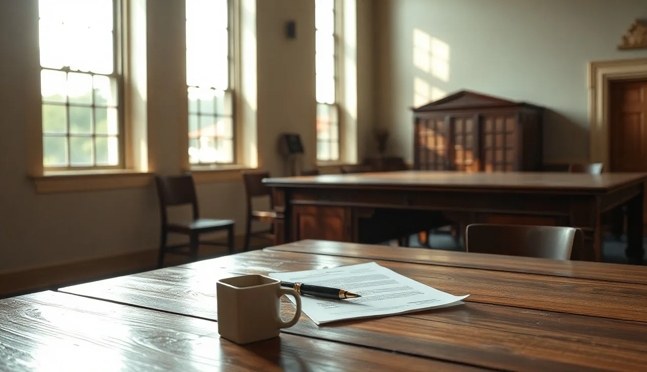 Wooden courthouse desk with pen and papers lit by afternoon sunlight, Tennessee divorce filing