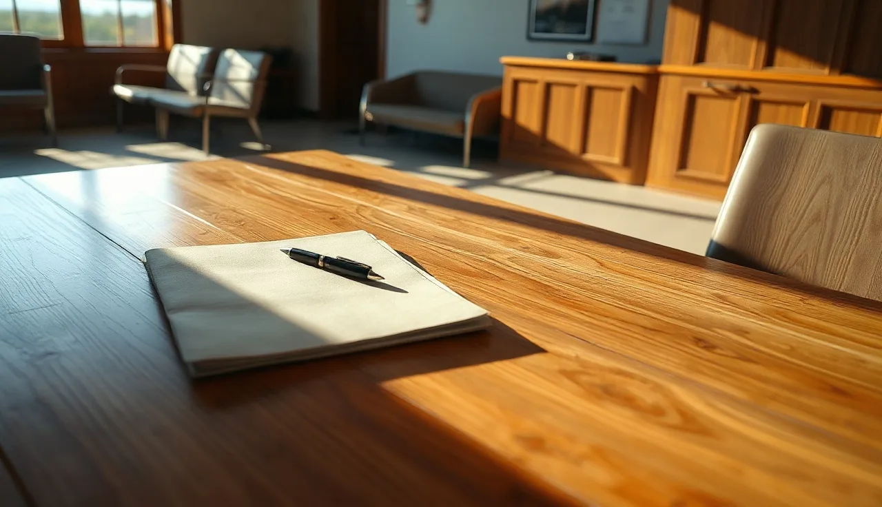 Sunlit courthouse waiting area table with folders and pen, Utah divorce filing setting