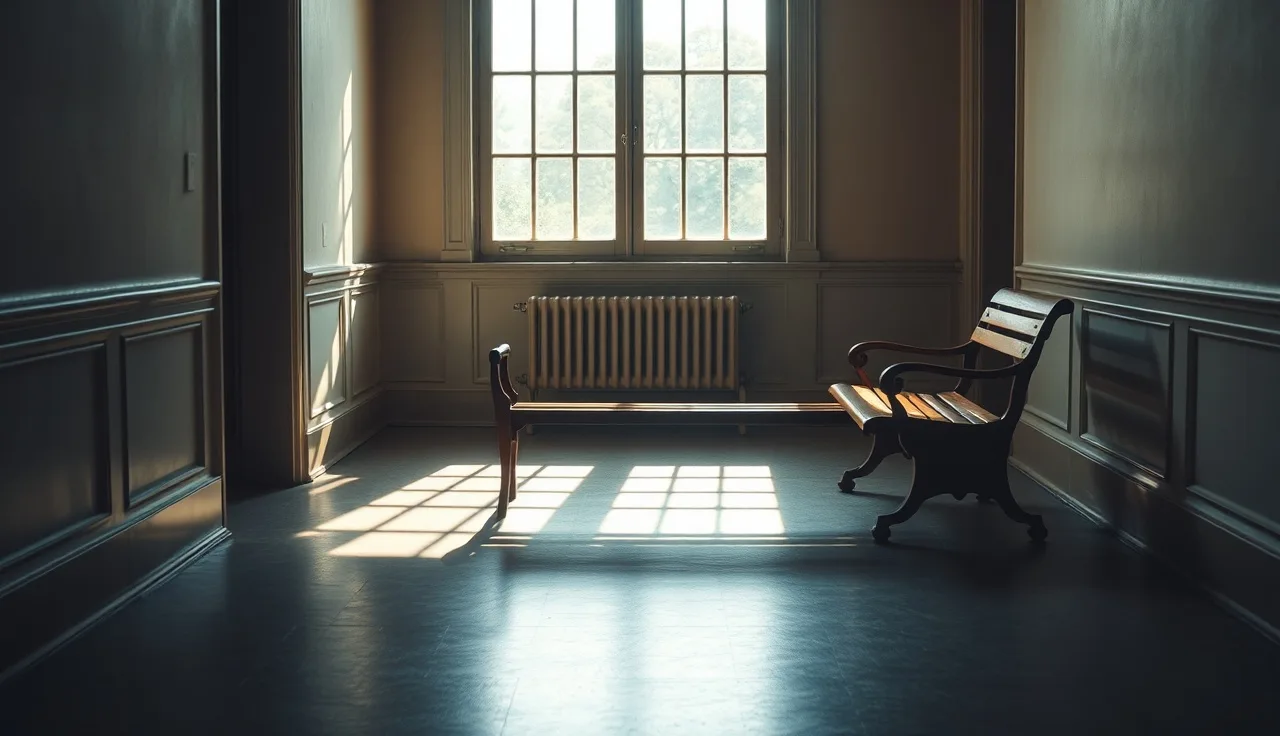 Empty courthouse hallway bench with morning light, suggesting a Wisconsin divorce filing day