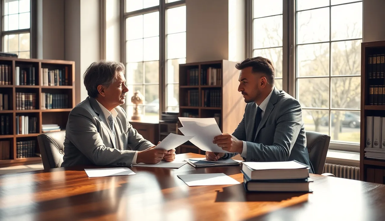 Person reviewing a legal document with an attorney across a wooden office table